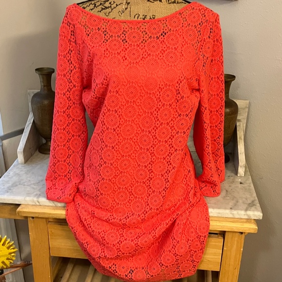 Lilly Pulitzer Coral Lace Dress With A Slip SuperCute XL!! - Picture 1 of 11